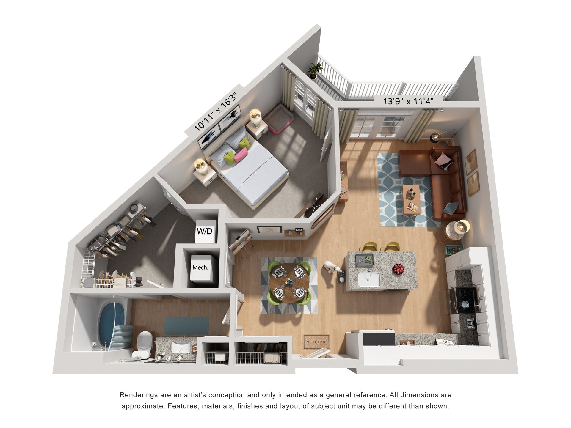 Floor plan for 1 bed, 1 bath, 809 sqft